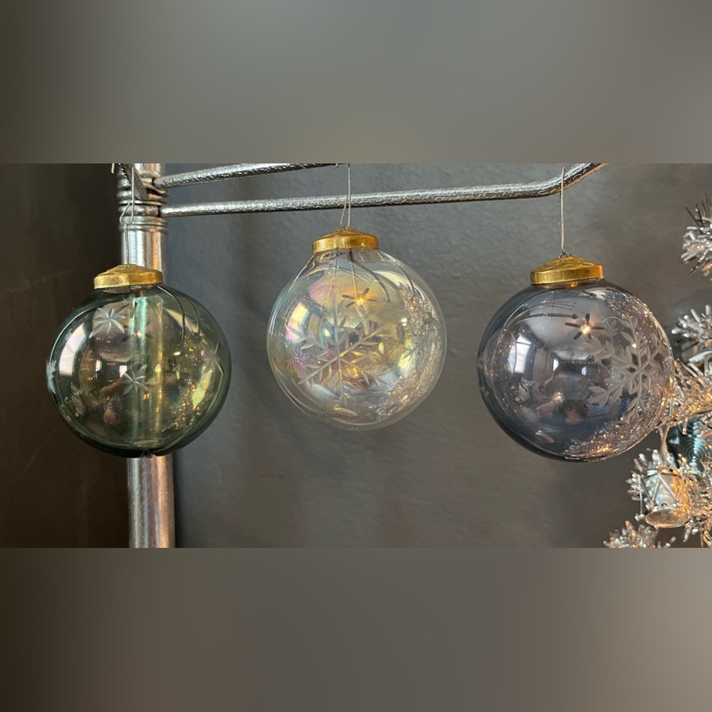 3 Vintage Etched Glass Kugel Style Handblown Ornaments
